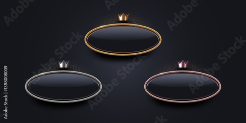3d luxury sign with metal frame and crown. Gold, silver and bronze metallic premium sign on black background. Vector set.