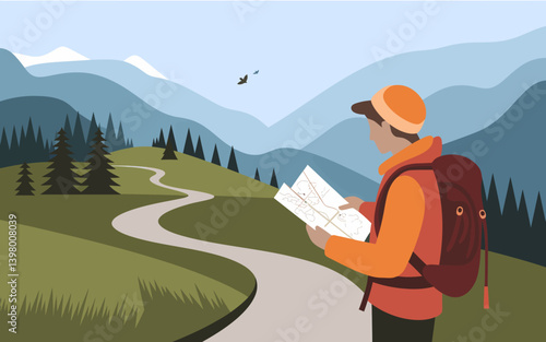 Hiker reads trail map in mountain landscape. Adventure travel and exploration concept.
