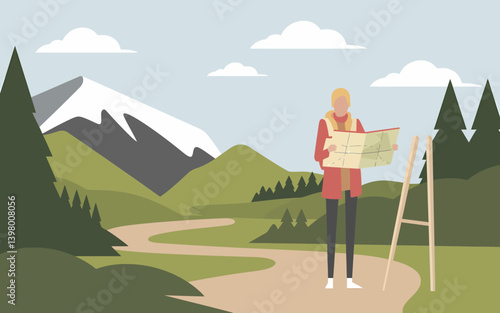 Female Hiker with Map in Mountainous Landscape Illustration