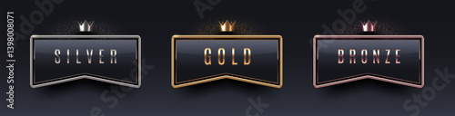 3d rank award sign with metal frame and crown. Gold, silver and bronze metallic rank sign on black background. Vector set.