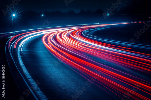 Lights of cars in motion, creating light trails, lines from car headlights