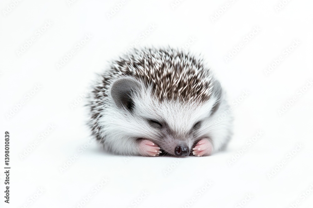 Obraz premium Baby hedgehog sleeping, white background, studio shot, pet animal