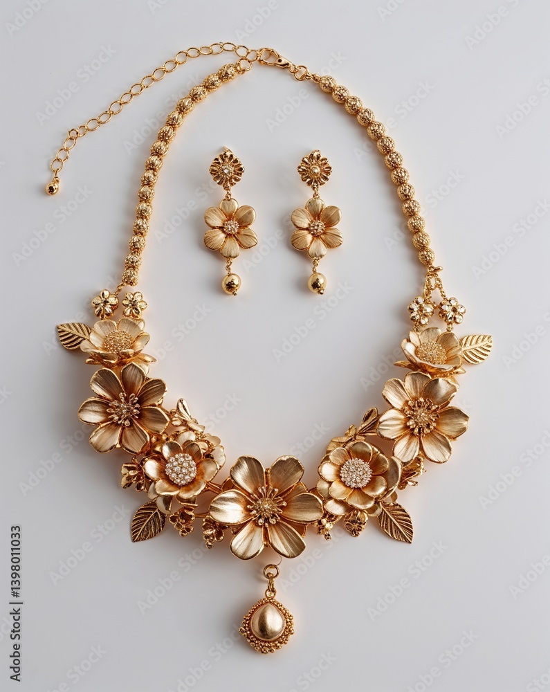 A gold plated floral necklace and dangly earrings jewelry set in plain white background A gold plated floral necklace and dangly earrings jewelry set in plain white background
