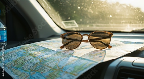 sunglasses resting on a road map inside a car during a sunny day

