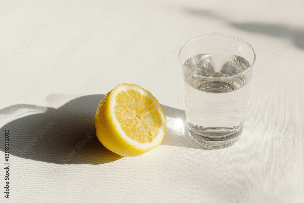 glass of water and lemon half sit on sunlit surface, casting soft shadows. scene is minimalistic and refreshing glass of water and lemon half sit on sunlit surface, casting soft shadows. scene is minimalistic and refreshing