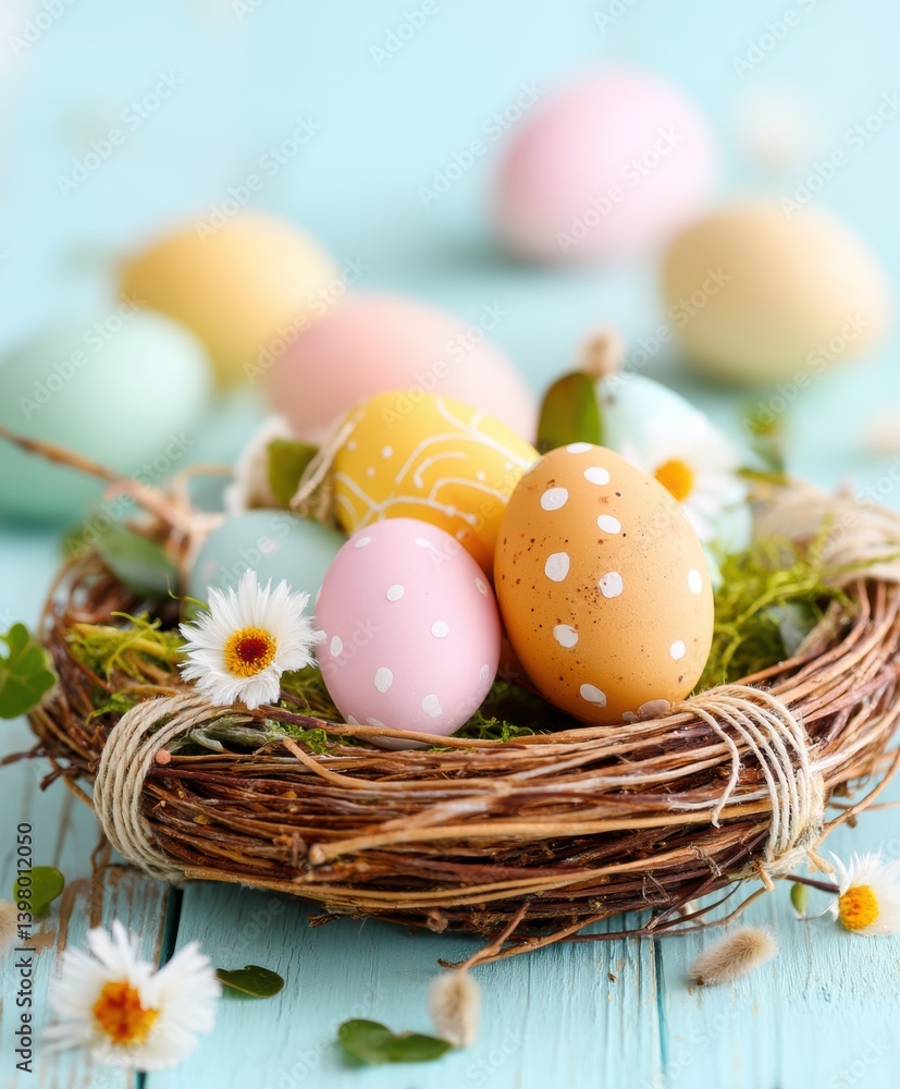 Obraz premium Colorful eggs nestled in flowers on a blue table, celebrating Easter's joy and renewal.