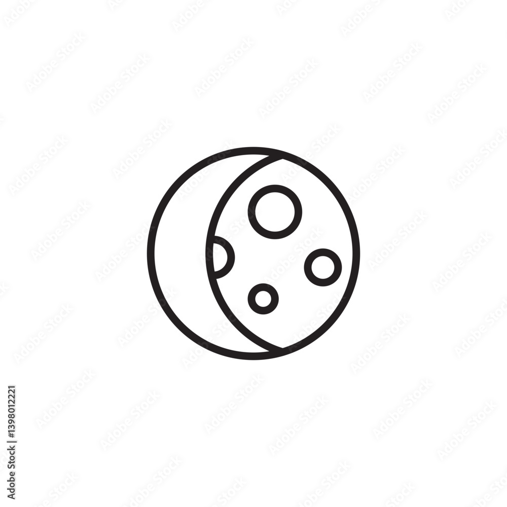 A simple line drawing shows a crescent moon with several circular craters on its surface. Represents the moon during its waxing or waning phases. A simple line drawing shows a crescent moon with several circular craters on its surface. Represents the moon during its waxing or waning phases.