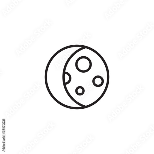 A simple line drawing shows a crescent moon with several circular craters on its surface. Represents the moon during its waxing or waning phases.