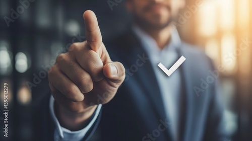 A Man Points to a Checkmark with His Thumb, Signaling Approval and Confirmation in a Professional Context