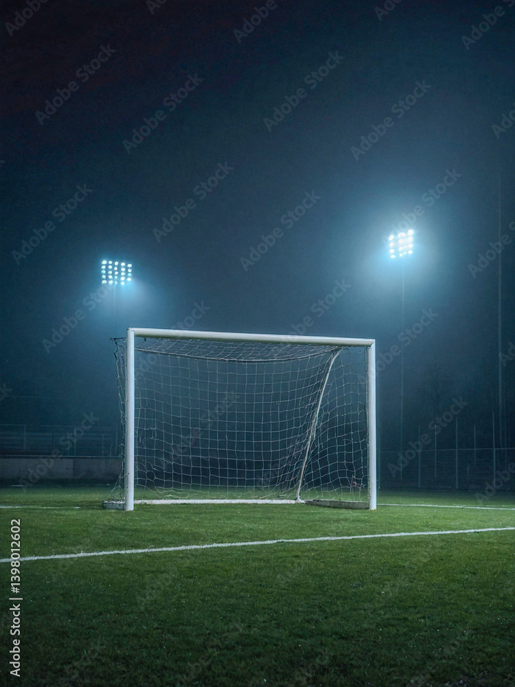 Fototapeta premium Empty soccer field at night with fog and lighting.