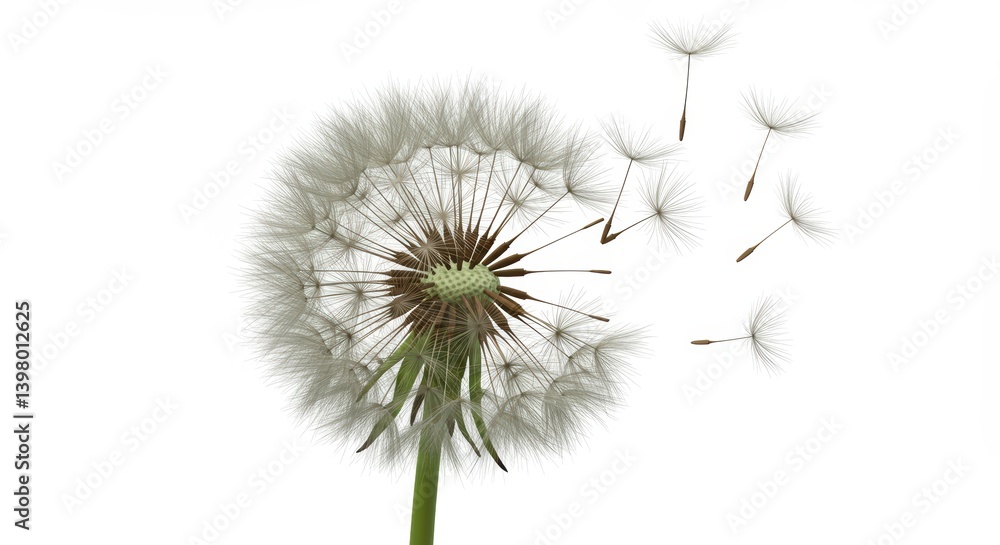 Obraz premium Dandelion Seed Head with Flying Seeds on White Background Close-up