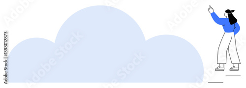Person gesturing at cloud shape, suggesting ideas, technology, creativity, and progress. Ideal for teamwork, brainstorming, cloud computing, innovation future planning digital transformation flat