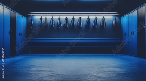 Blue locker room, jerseys hanging, bench, night, sports