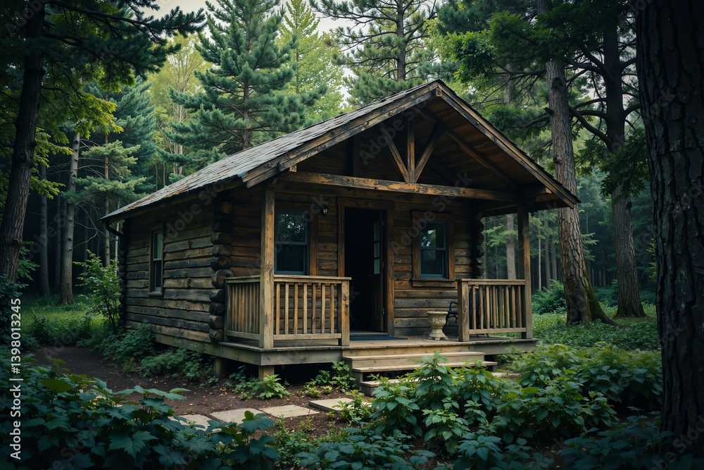A cozy log cabin nestled in a forest, surrounded by tall trees and greenery, offers a tranquil retreat with its wooden porch inviting visitors to sit and enjoy the serene environment A cozy log cabin nestled in a forest, surrounded by tall trees and greenery, offers a tranquil retreat with its wooden porch inviting visitors to sit and enjoy the serene environment