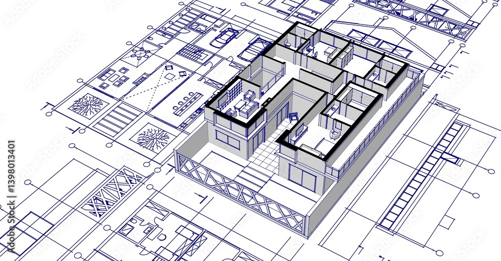 Fototapeta premium house sketch project facades plans sections 3d illustration