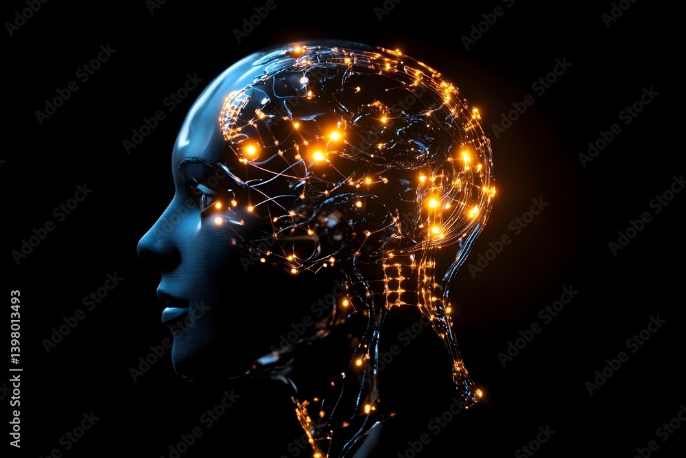 A profile view of an AI head with glowing data connections A profile view of an AI head with glowing data connections