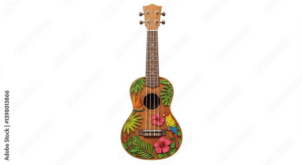 Fototapeta premium Decorated Ukulele with Tropical Leaves and Flowers for Music Promotion