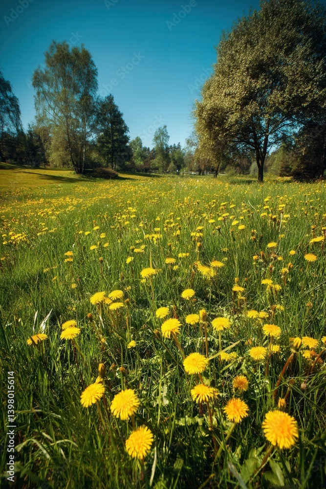 Obraz premium Blooming dandelion field under clear blue sky. Ideal for springtime concepts, eco visuals, seasonal prints, or nature-themed designs.