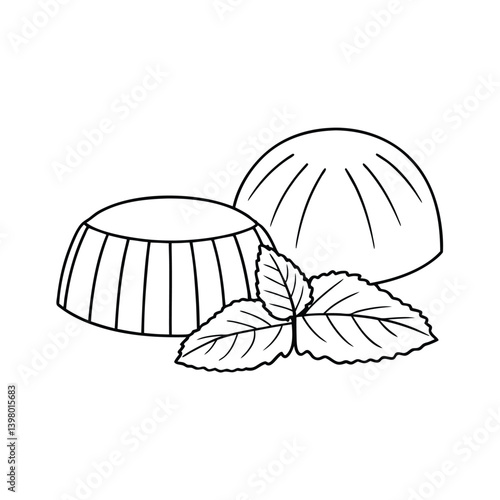 Panna Cotta Dessert With Mint Leaves Outline Illustration Minimalist Style