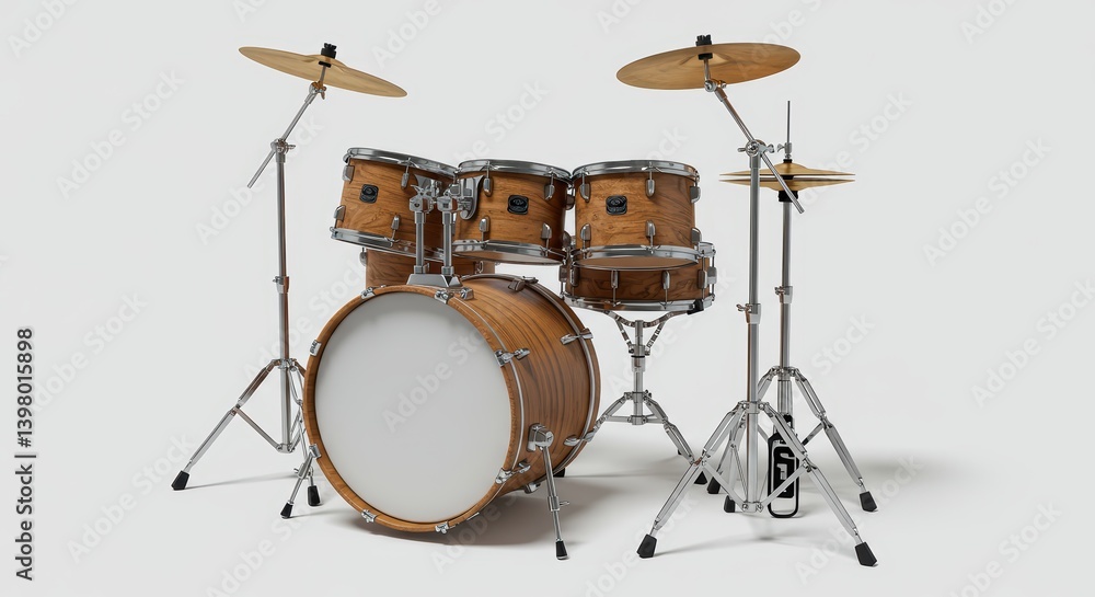 Drum Set with Wooden Finish and Cymbals on White Background Drum Set with Wooden Finish and Cymbals on White Background