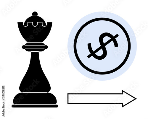 Chess bishop and dollar sign inside circle with arrow pointing forward. Ideal for strategy, finance, planning, decision-making, growth, investment insights, leadership. Flat simple metaphor