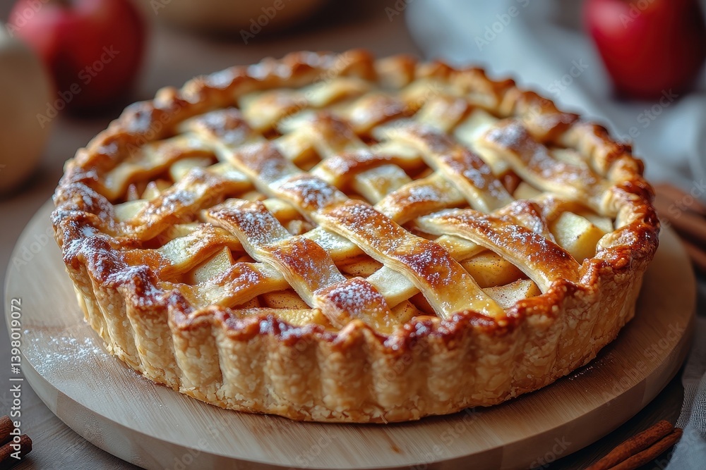 A close up of a lattice topped apple pie on a wooden board with apples and cinnamon sticks around it A close up of a lattice topped apple pie on a wooden board with apples and cinnamon sticks around it
