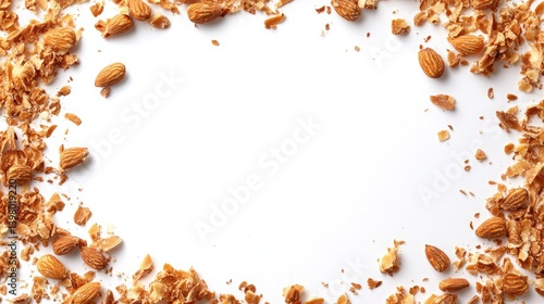 Almonds Scatter Across a White Background, Creating a Natural Frame with Nutritious Seeds and Earthy Tones
