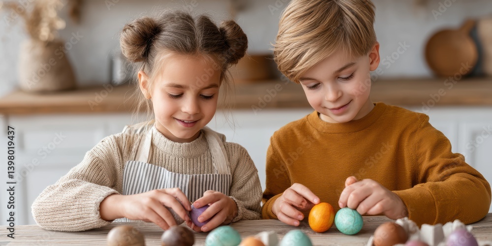 Naklejka premium Two girls joyfully decorate Easter eggs in a bright kitchen.