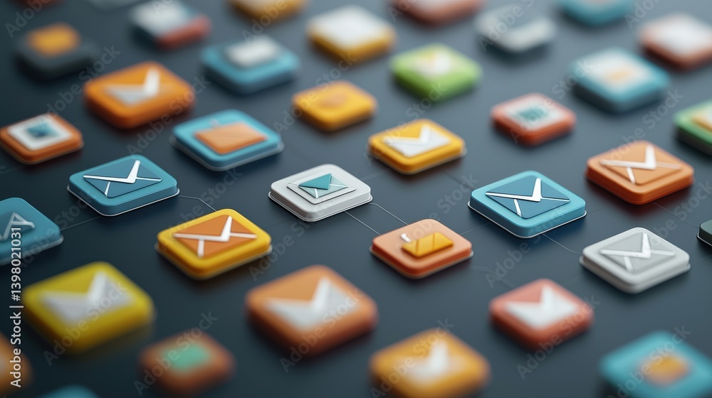 A vibrant array of email icons in various colors and designs, arranged in a grid, showcasing digital communication symbols. A vibrant array of email icons in various colors and designs, arranged in a grid, showcasing digital communication symbols.