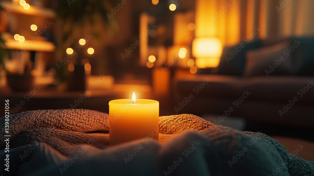 Warm candlelit scene with a blanket evoking peace and cozy feelings. Warm candlelit scene with a blanket evoking peace and cozy feelings.