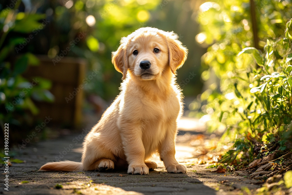 An adorable golden retriever puppy with fluffy fur, bright curious eyes, sitting in a sunlit garden An adorable golden retriever puppy with fluffy fur, bright curious eyes, sitting in a sunlit garden