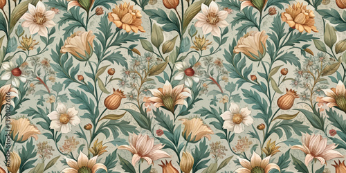 Intricate floral pattern featuring soft pastels and vibrant blooms.