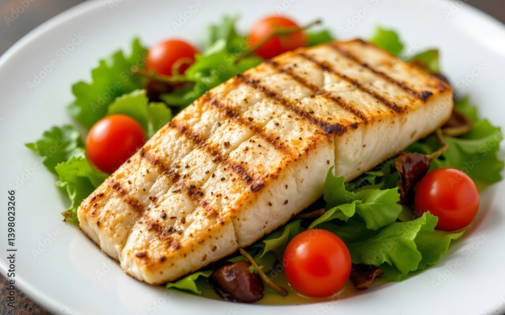 Grilled fish fillet served on a bed of fresh greens with cherry tomatoes
