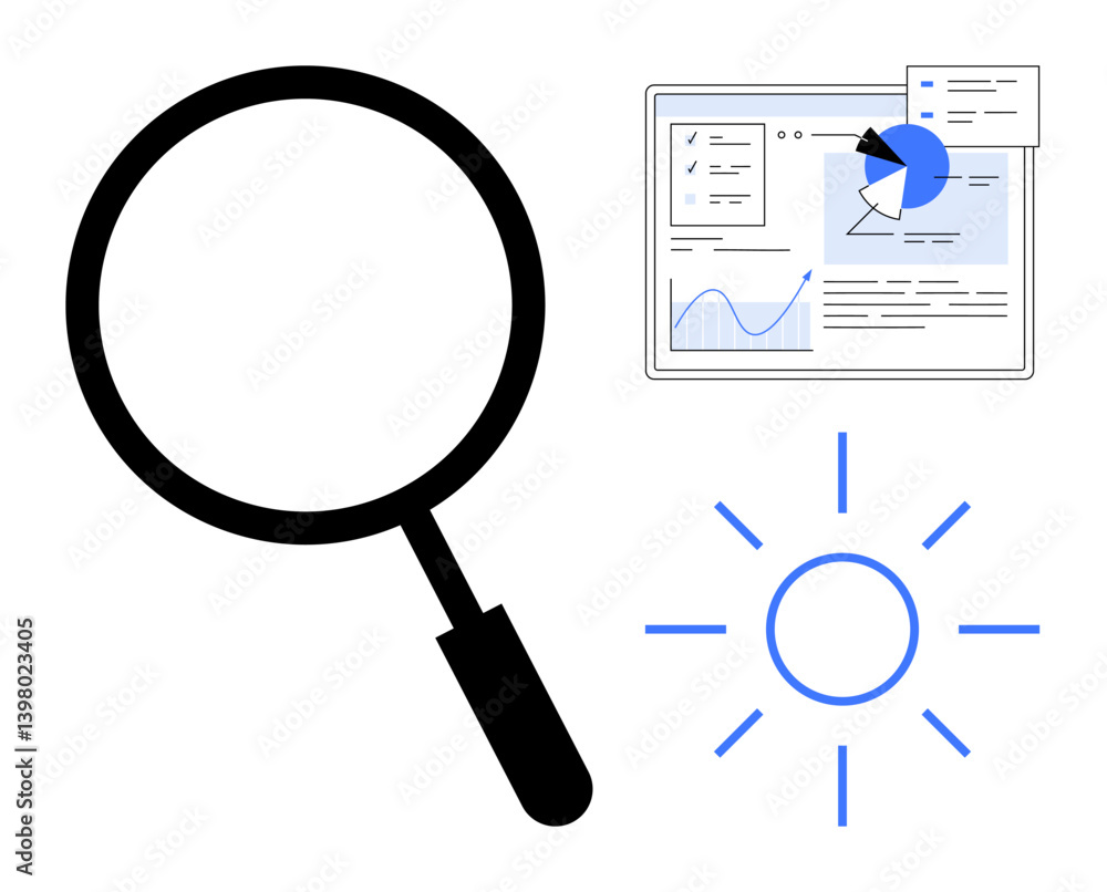 Magnifying glass highlights search and focus while analytics dashboard shows charts and graphs. Glowing sunburst conveys discovery. Ideal for analytics, research, brainstorming, innovation Magnifying glass highlights search and focus while analytics dashboard shows charts and graphs. Glowing sunburst conveys discovery. Ideal for analytics, research, brainstorming, innovation