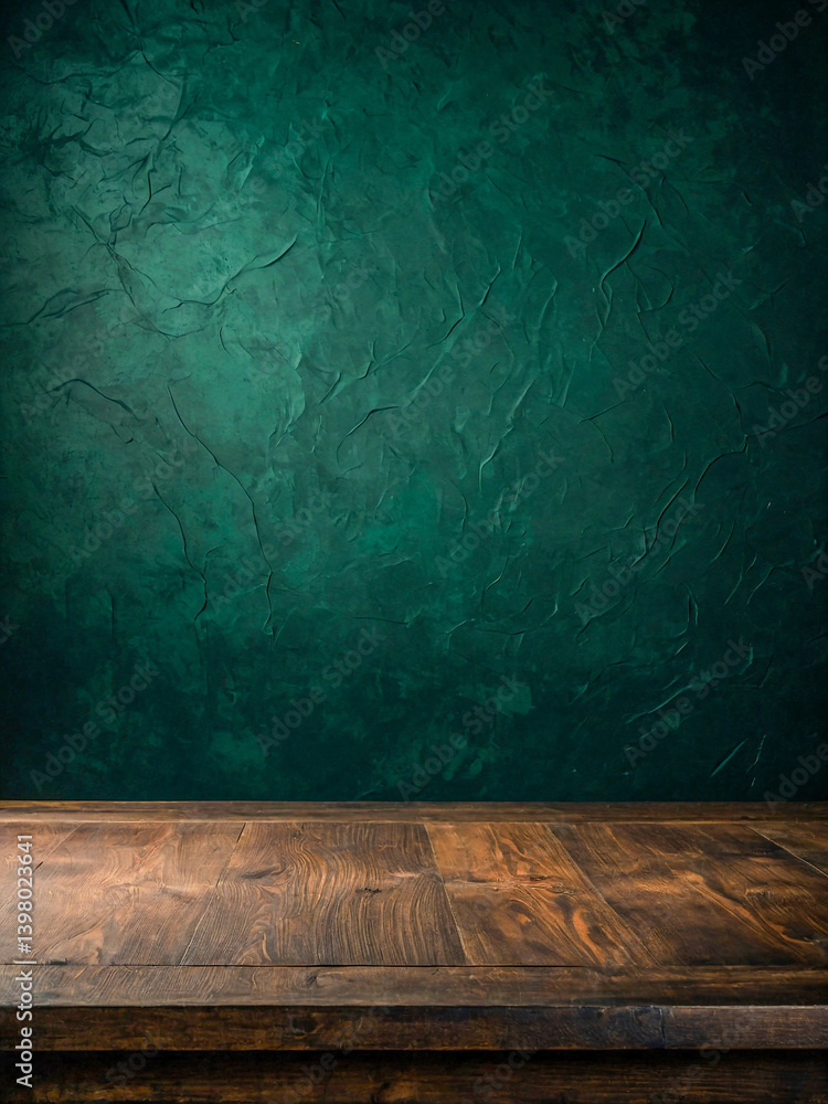 Empty table with dark green textured wall backdrop for product display.