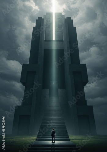 Man Standing Before Glowing Totalitarian Tower