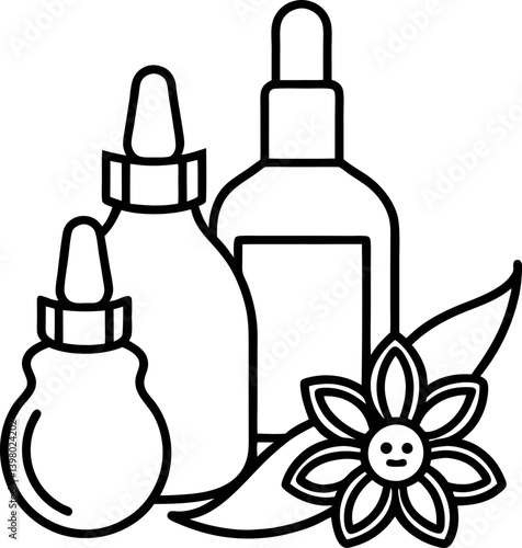 Outline Essential Oil Bottles with Droppers and Stylized Flower Blossom
