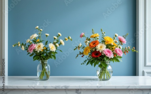 Two vibrant flower arrangements in glass vases create a colorful display against a blue backdrop