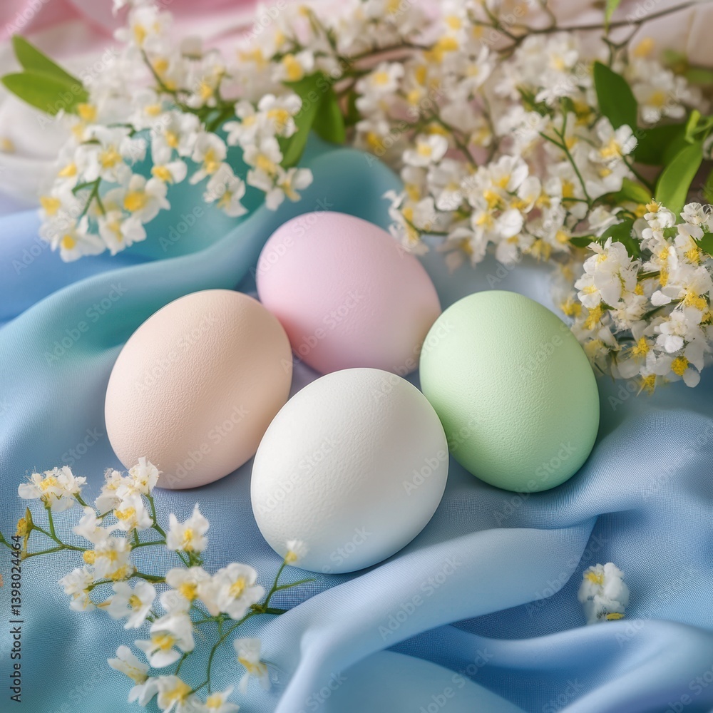 Three colorful eggs rest on a blue cloth adorned with flowers, celebrating Easter's festive spirit. Three colorful eggs rest on a blue cloth adorned with flowers, celebrating Easter's festive spirit.