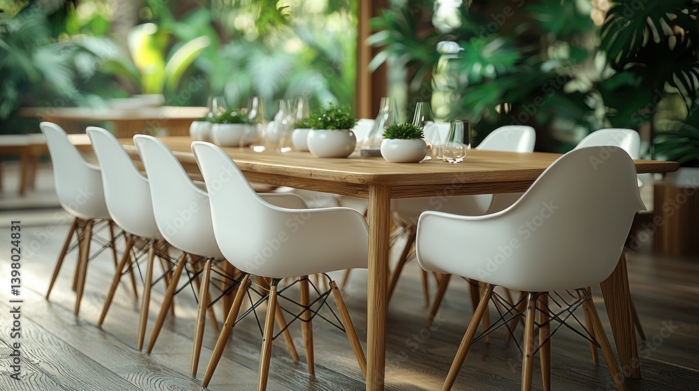 Obraz premium Serene Dining Setting: Minimalist Wooden Table and Eames-Style Chairs in Lush Greenery