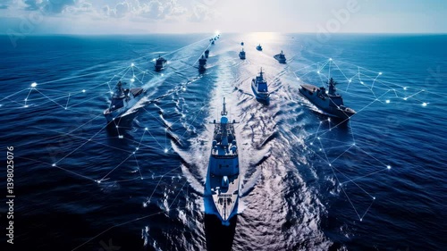Aerial view of modern military assets  fighter jets, naval ships, and connected data networks.