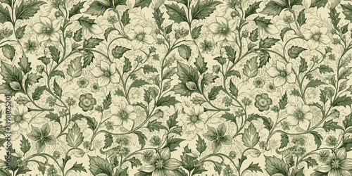 Elegant green floral pattern on a cream background, perfect for textile design.