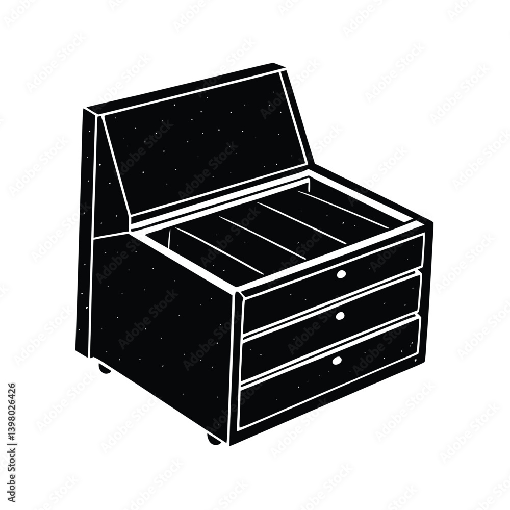 Black And White Vector Illustration Of A Chest With Drawers And Open Lid Black And White Vector Illustration Of A Chest With Drawers And Open Lid