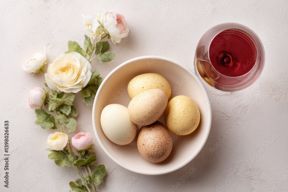 Colorful eggs in a bowl surrounded by flowers and a glass of wine for Easter celebrations. Colorful eggs in a bowl surrounded by flowers and a glass of wine for Easter celebrations.