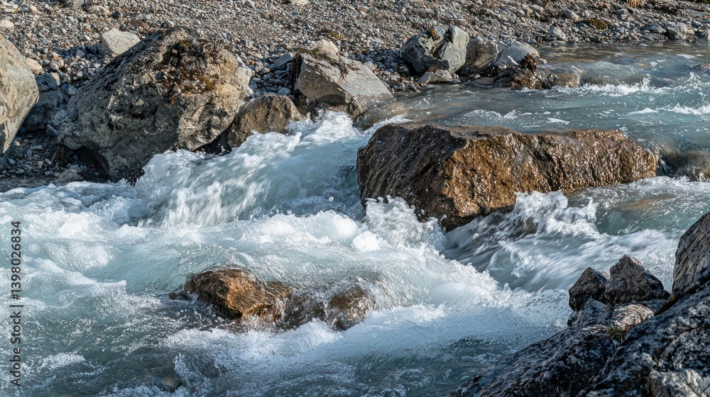 A glacier melting and turning into a flowing river. A glacier melting and turning into a flowing river.