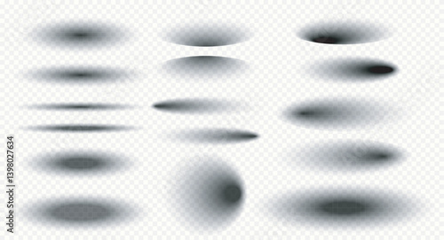 Big set of shadows on transparent background. Isolated transparent oval shadow with soft edges isolated. Vector shadow for products.
