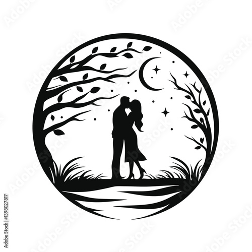Silhouette Man & Woman Kissing Under Crescent Moon, Stars, Trees, and Grass Icon