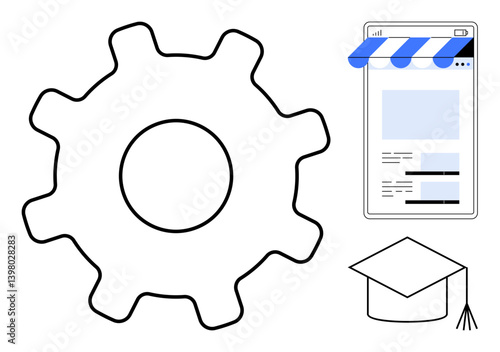 Gear symbolizes process and innovation storefront indicates online commerce graduation cap focuses on education. Ideal for technology, e-commerce, training, business, learning, growth, flat simple