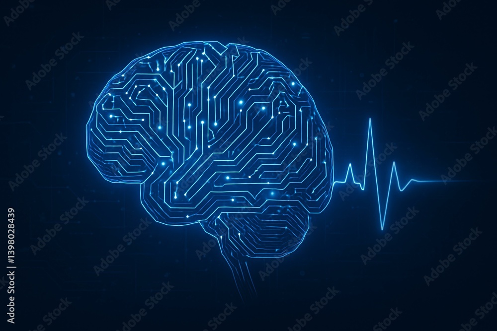 Futuristic Medical Brain Circuit with Heartbeat Signal on Digital Background