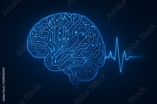 Obraz na płótnie Futuristic Medical Brain Circuit with Heartbeat Signal on Digital Background w salonie